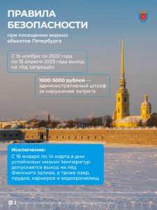 С 15 ноября по 15 января и с 15 марта по 15 апреля выход на лёд запрещён (Постановление Правительства Санкт-Петербурга от 10.11.2022 № 1044)